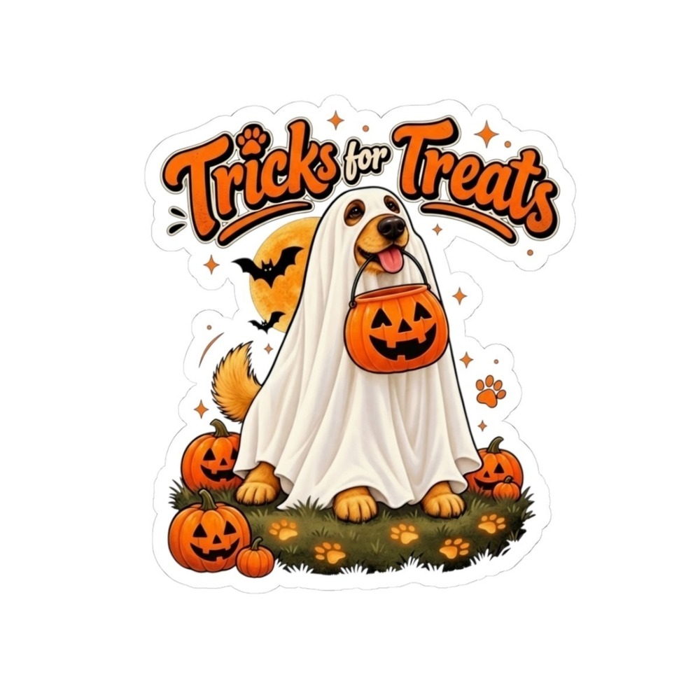 Tricks for Treats Halloween Sticker | Ghost Dog Pumpkin Vinyl Decal Sticker